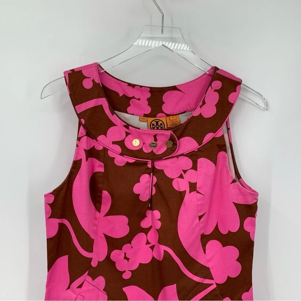 Tory Burch shift dress Mod pink brown floral logo button sleeveless modern 8